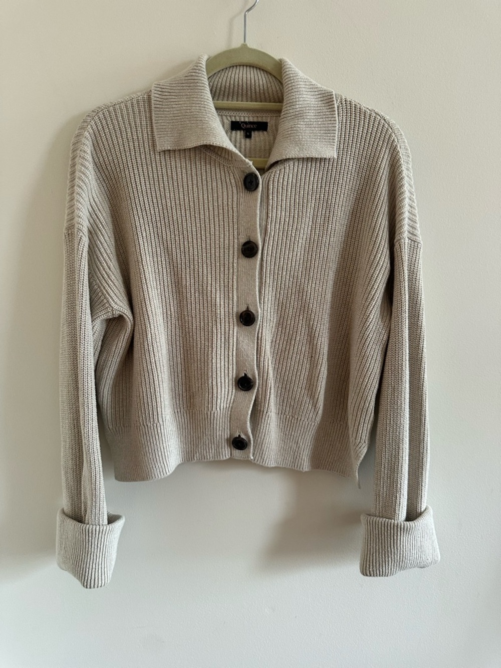 Quince Beige Ribbed Button-Front Cardigan